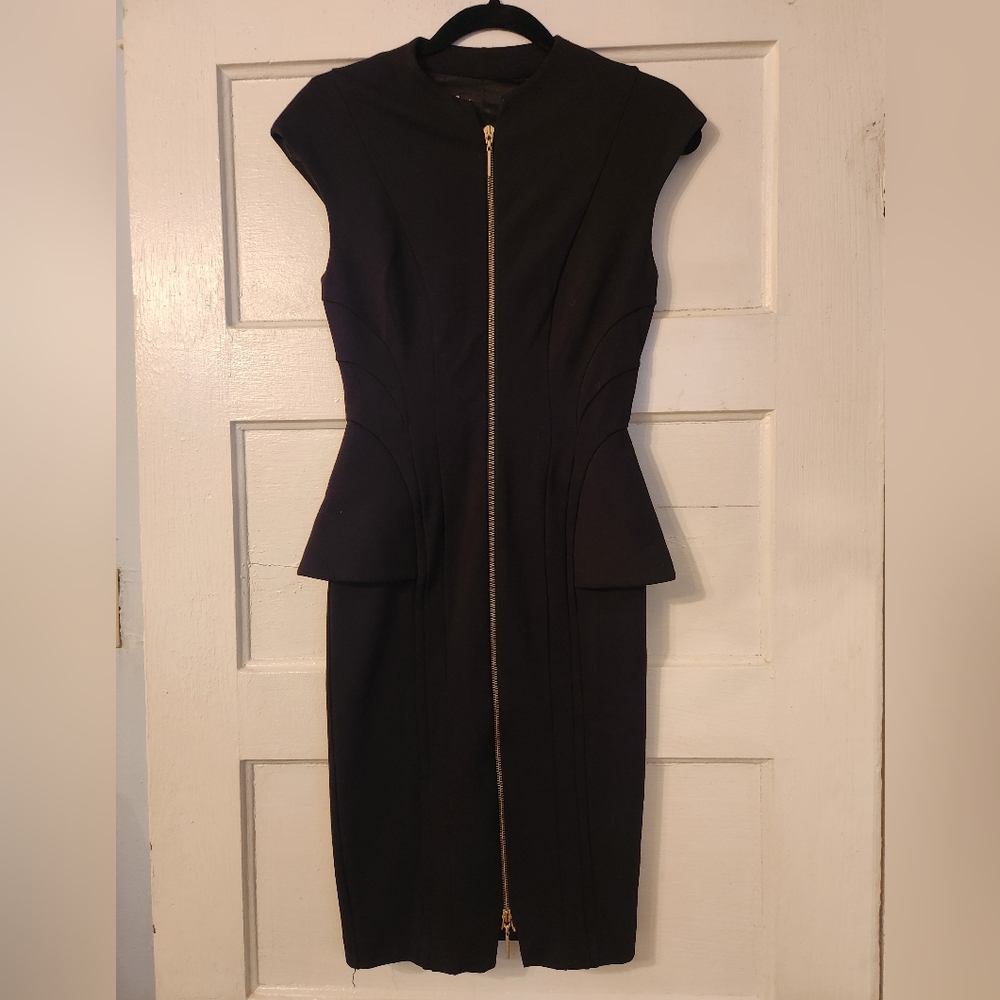 Ted Baker London Dress, Jumana Black Midi, Peplum Exposed Zipper Sz 0 / XS  EUC